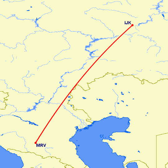 перелет Ижевск — Минеральные Воды на карте
