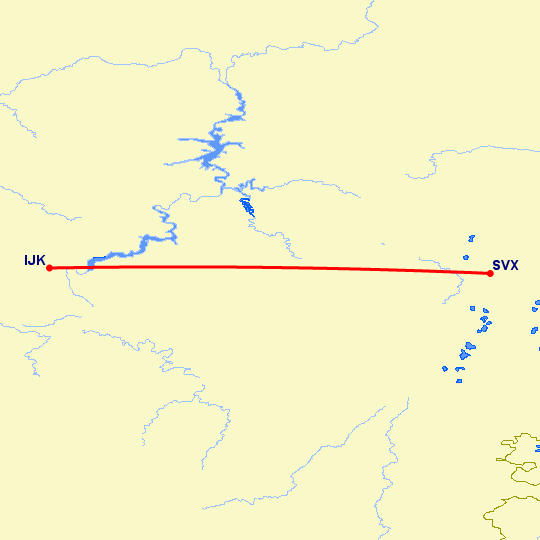 перелет Ижевск — Екатеринбург на карте
