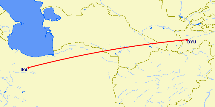 перелет Тегеран — Душанбе на карте