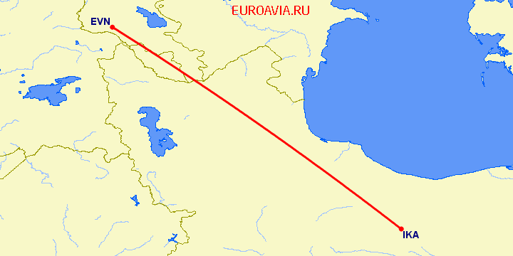 перелет Тегеран — Ереван на карте