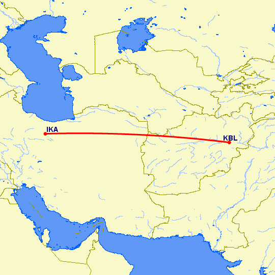 перелет Тегеран — Кабул на карте