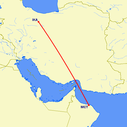 перелет Тегеран — Маскат на карте