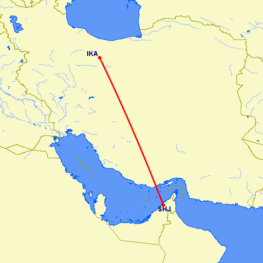 перелет Тегеран — Шарджа на карте