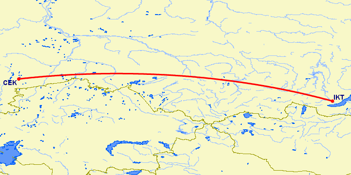 перелет Иркутск — Челябинск на карте