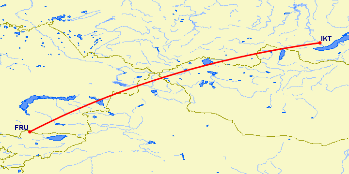 перелет Иркутск — Бишкек на карте