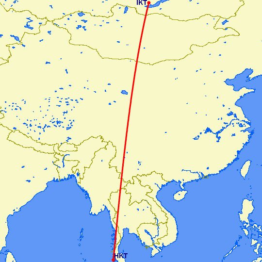 перелет Иркутск — Пхукет на карте