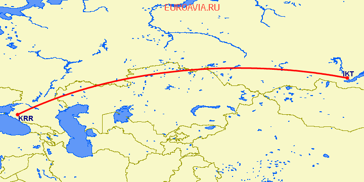 перелет Иркутск — Краснодар на карте