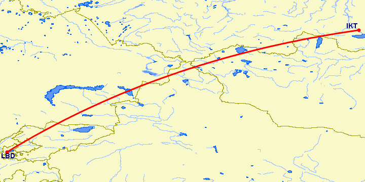 перелет Иркутск — Худжанд на карте