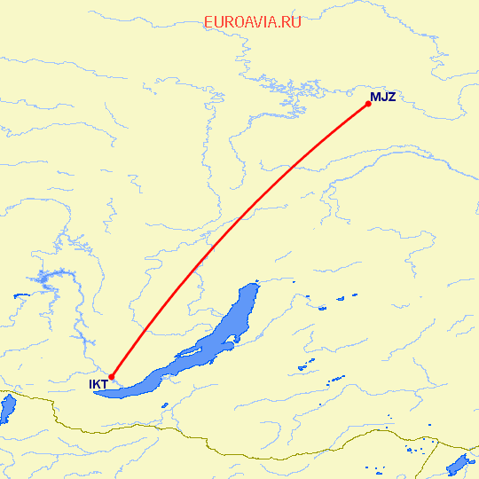 перелет Иркутск — Мирный на карте