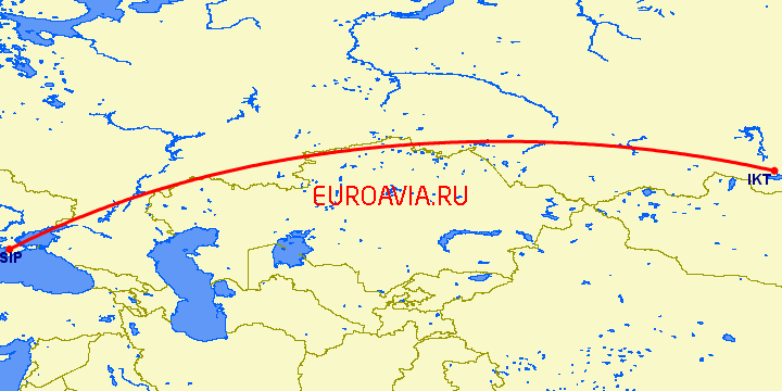 перелет Иркутск — Симферополь на карте