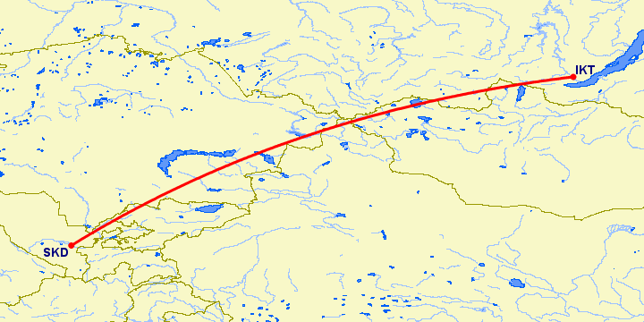 перелет Иркутск — Самарканд на карте