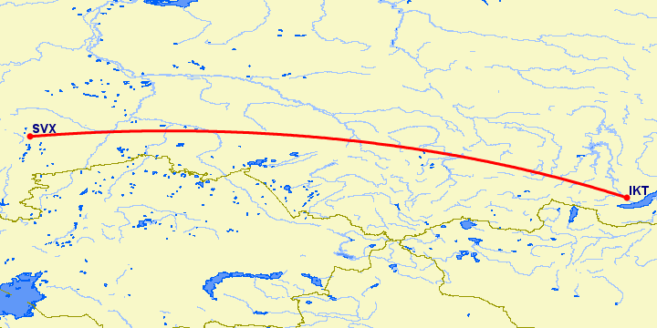 перелет Иркутск — Екатеринбург на карте