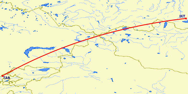 перелет Иркутск — Ташкент на карте