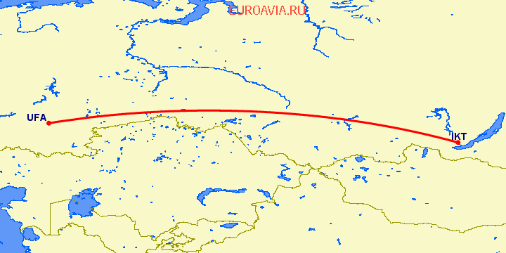 перелет Иркутск — Уфа на карте