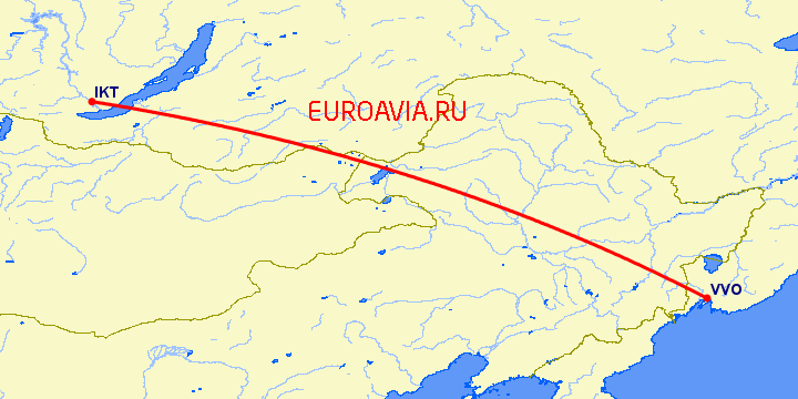перелет Иркутск — Владивосток на карте