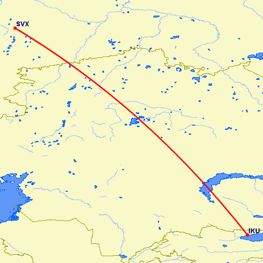 перелет Иссык Куль — Екатеринбург на карте