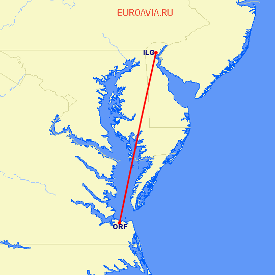 перелет Wilmington — Норфолк на карте