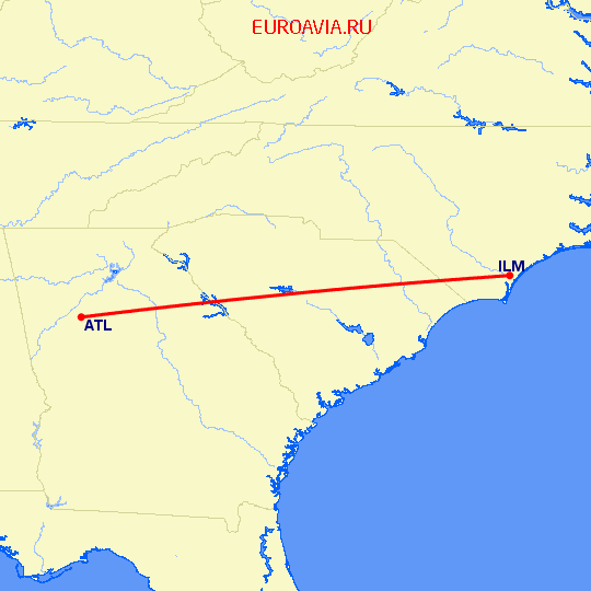 перелет Вилмингтон — Атланта на карте