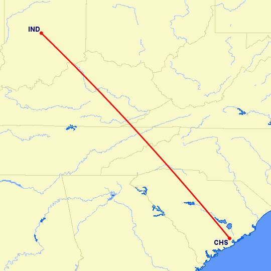 перелет Индианаполис — Чарльстон на карте