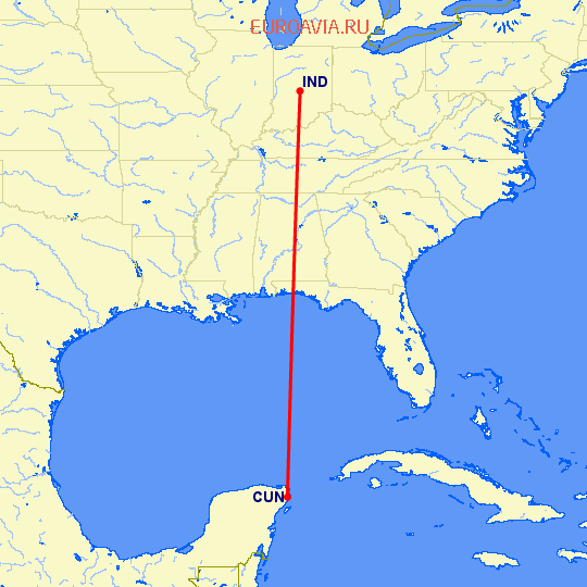 перелет Индианаполис — Канкун на карте