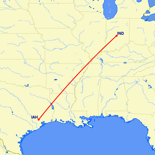 перелет Индианаполис — Хьюстон на карте