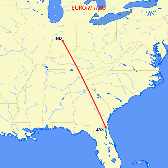 перелет Индианаполис — Джексонвиль на карте