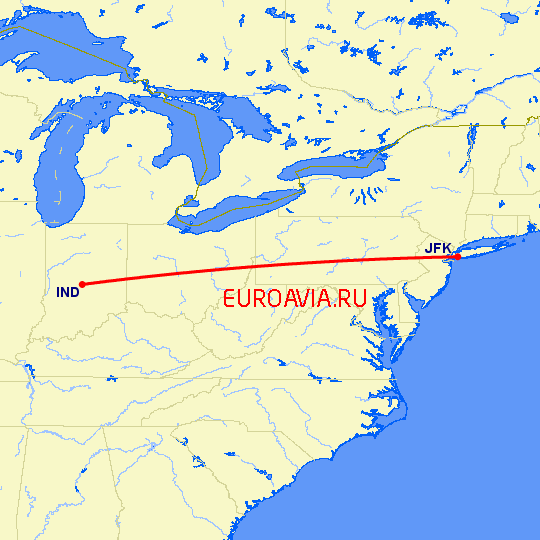 перелет Индианаполис — Нью Йорк на карте