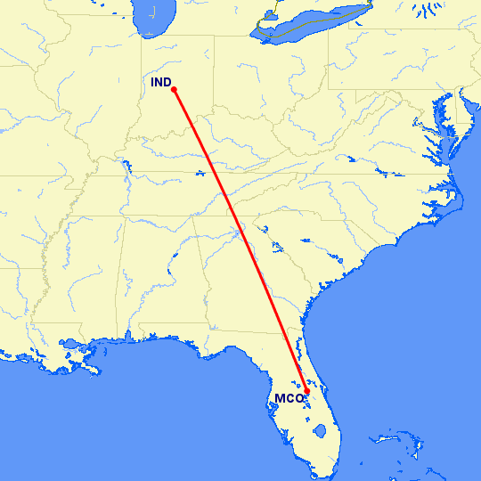 перелет Индианаполис — Орландо на карте
