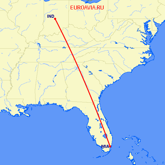 перелет Индианаполис — Майами на карте