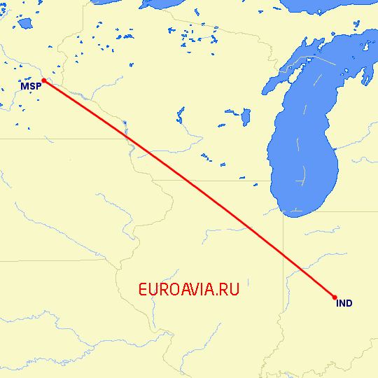 перелет Индианаполис — Миннеаполис на карте