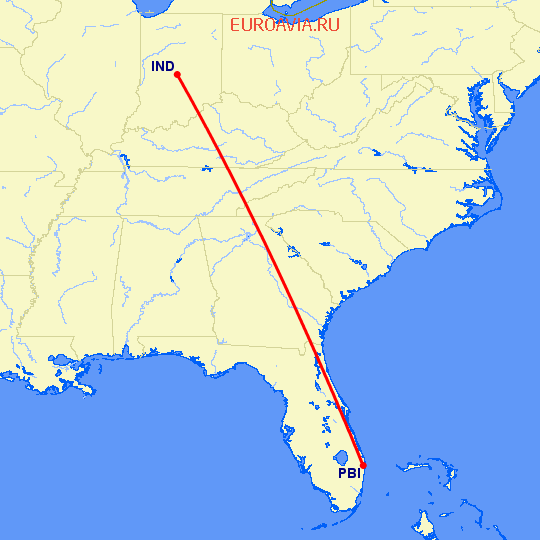 перелет Индианаполис — Уэст Палм Бич на карте