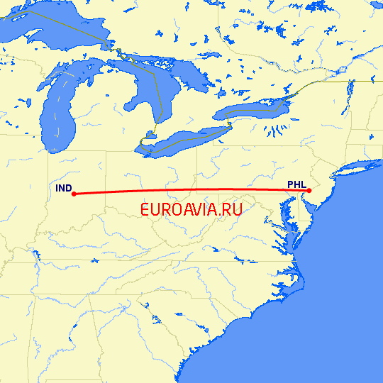 перелет Индианаполис — Филадельфия на карте