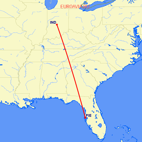 перелет Индианаполис — Клируотер на карте