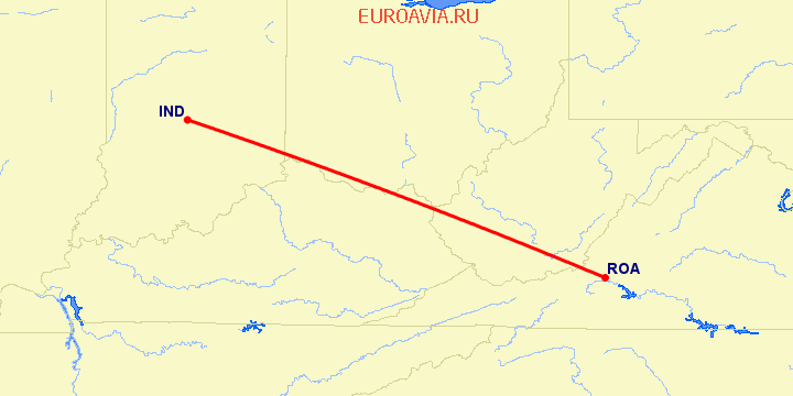 перелет Индианаполис — Roanoke на карте