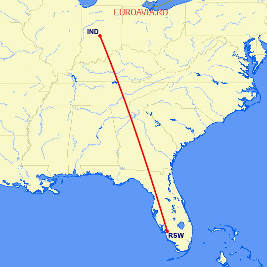 перелет Индианаполис — Форт Майерс на карте