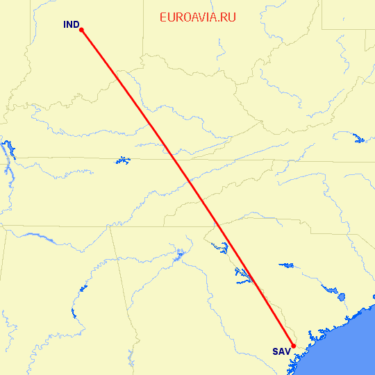 перелет Индианаполис — Саванна на карте