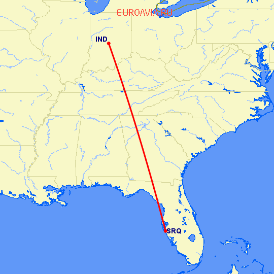 перелет Индианаполис — Сарасота на карте