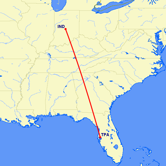 перелет Индианаполис — Тампа на карте
