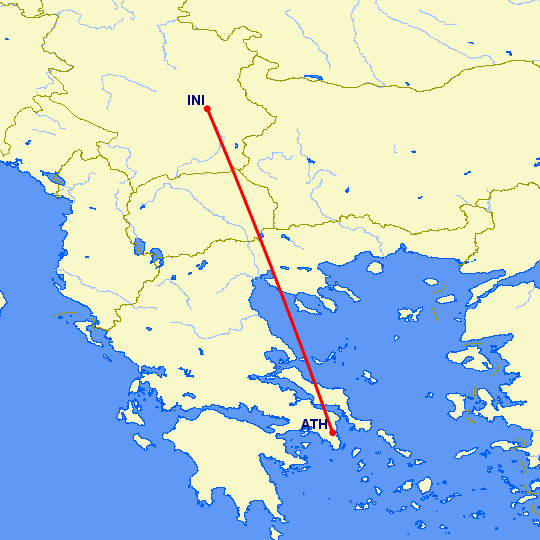 перелет Ниш — Афины на карте
