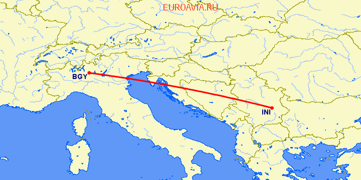 перелет Ниш — Бергамо на карте