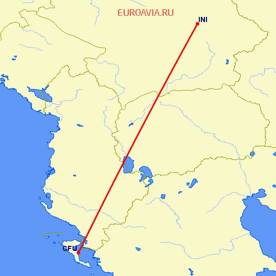перелет Ниш — Керкира на карте