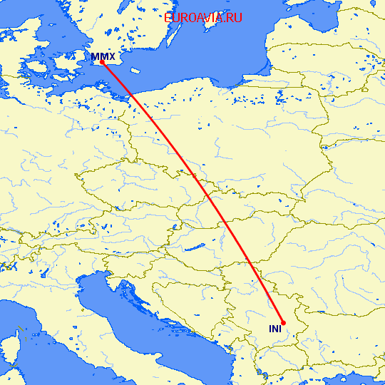 перелет Ниш — Малмо на карте