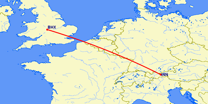 перелет Инсбрук — Бирмингем на карте