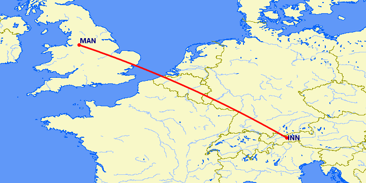 перелет Инсбрук — Манчестер на карте