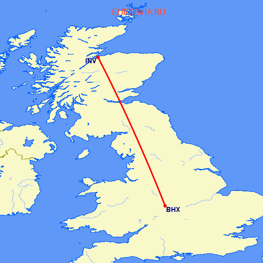 перелет Inverness — Бирмингем на карте