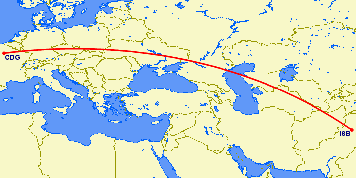 перелет Исламабад — Париж на карте