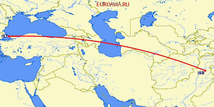 перелет Исламабад — Стамбул на карте