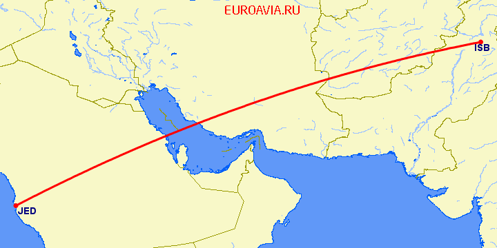 перелет Исламабад — Джедда на карте