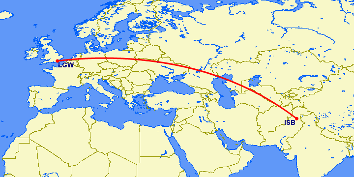 перелет Исламабад — Лондон на карте