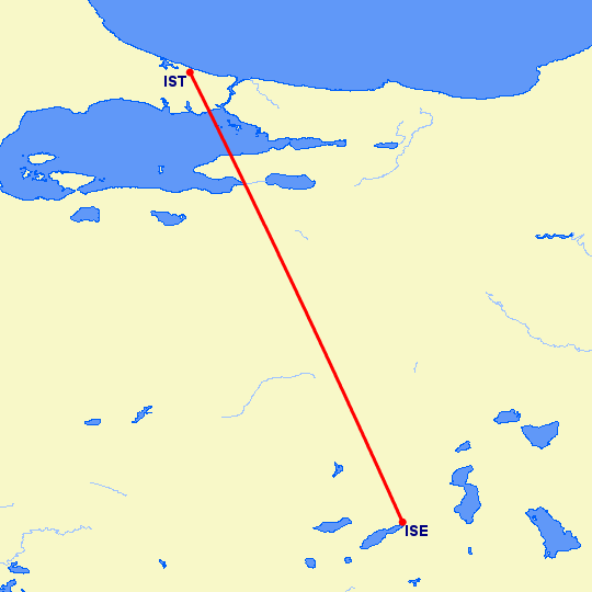 перелет Испарта — Стамбул на карте